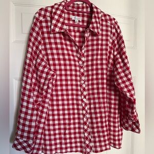 Denim&Co. D & Co Red White Gingham Check Plaid Cotton Button Down Shirt Small